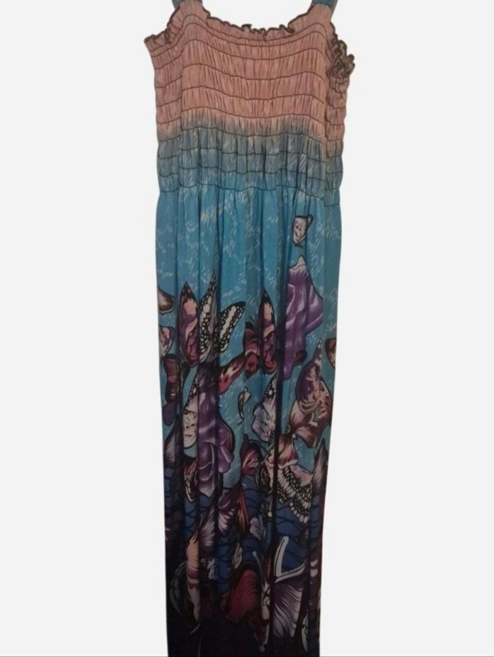 Source Unknown Pink and Blue Floral Butterfly Smocked Maxi Dress